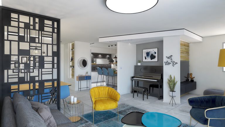 הדמיית תלת מימד של סלון ובו ספה אפורה כיסא צהוב וכחול כהה פסנתר מחיצה עם חורים מרובעים שונים